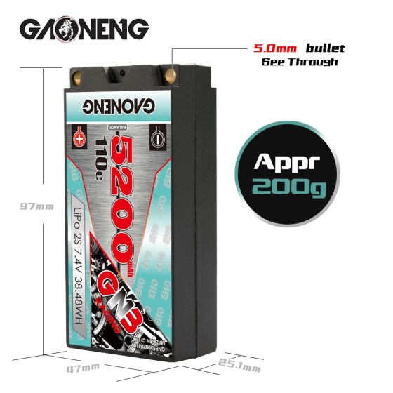 GNB GAONENG 5200MAH 2S 7.4V 110C Short Shorty Pack 5.0mm Bullet Hard Case LiPo Battery for 1:10 1/12 Scale RC Racing Car